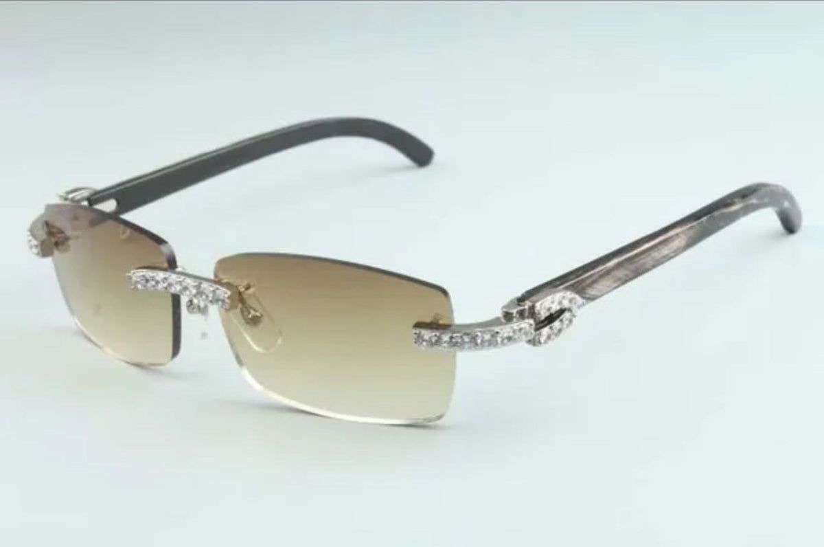 ⭐️ Black Buffalo Horn Sunglasses Size 56 Henny Diamond Cut Lenses Big Stones