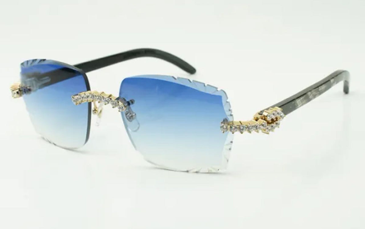 Black Buffalo Horn Sunglasses Size 58 Blue Lenses Big Stones (50 Pointers)