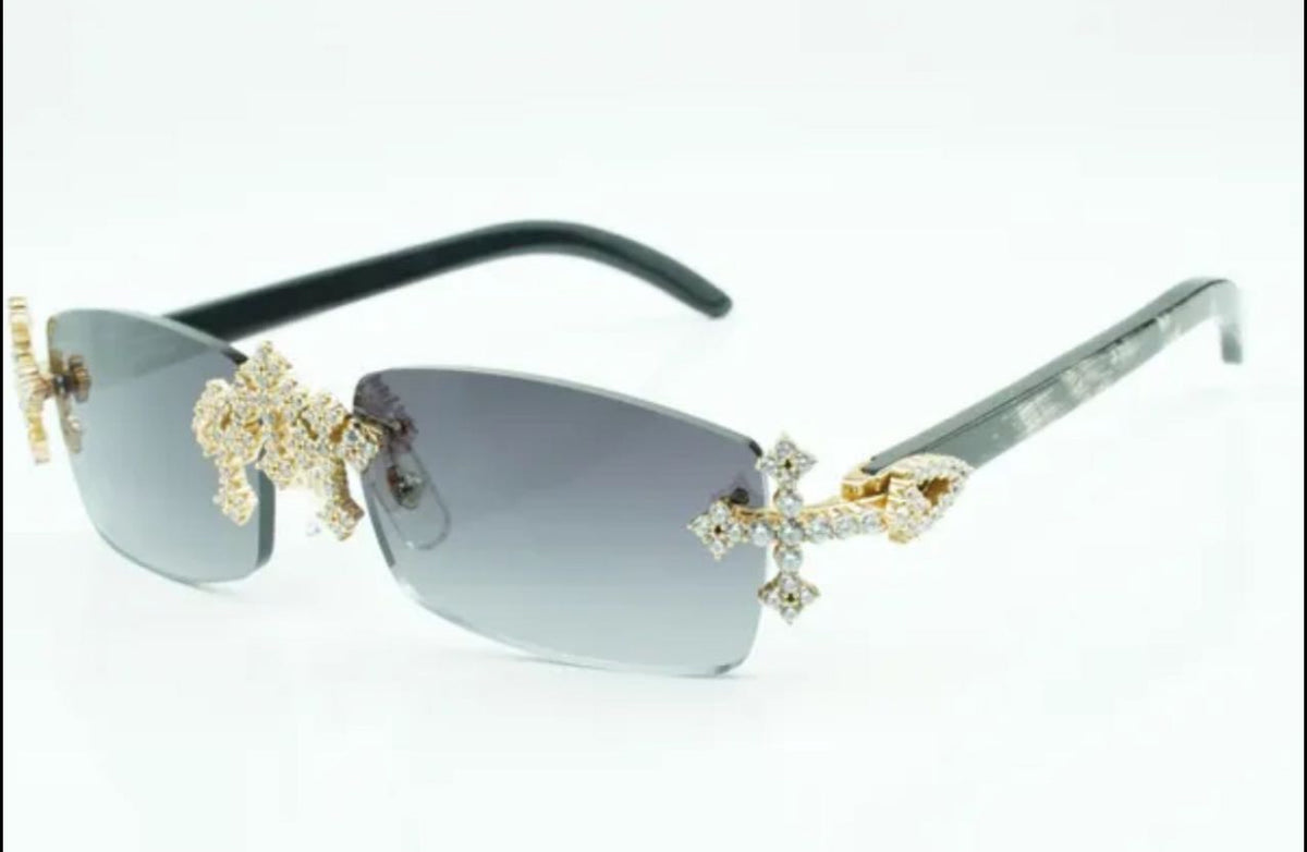 ⭐️ Black Buffalo Horn Glasses Custom Cross Brackets Size 56 Grey Lenses