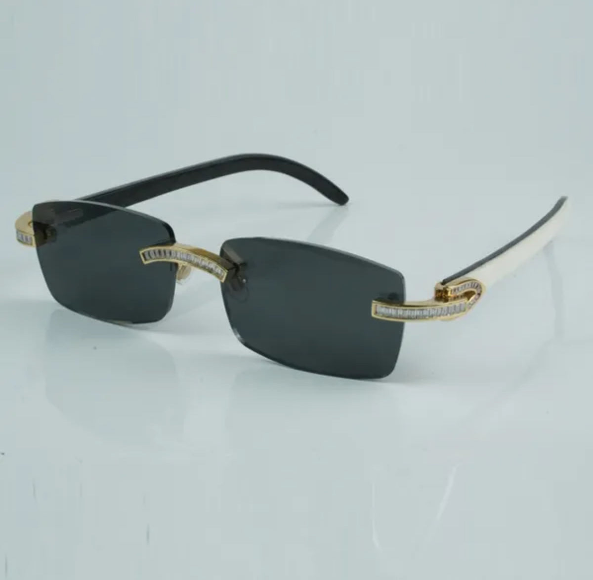 White Buffalo Horn Sunglasses Moissanite Baguette VVS Clarity Stones 💎Size 56 Black Lenses