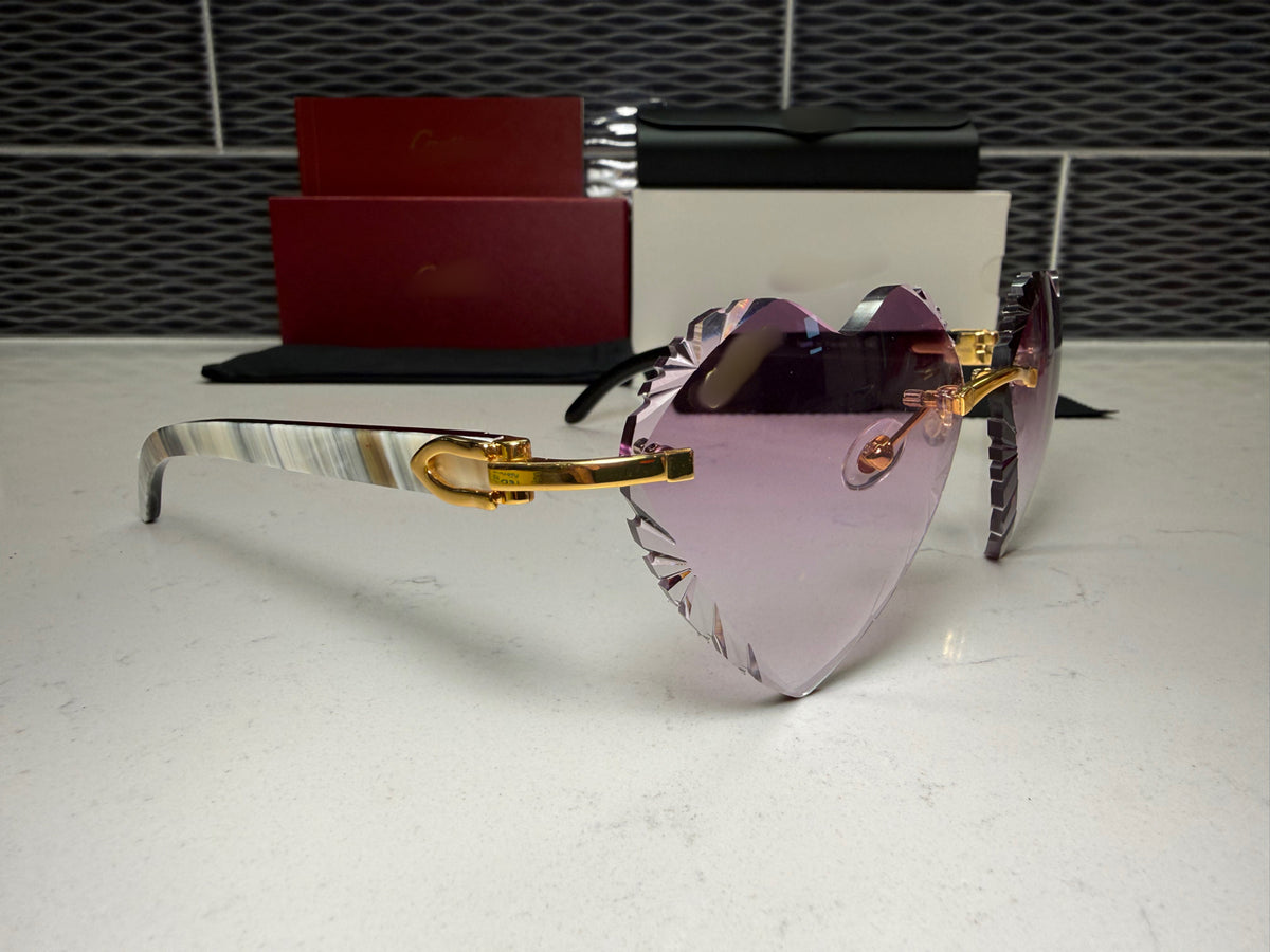 White Buffalo Horn Sunglasses Size 56 Purple Heart Diamond Cut Lenses (Heavy Marble)