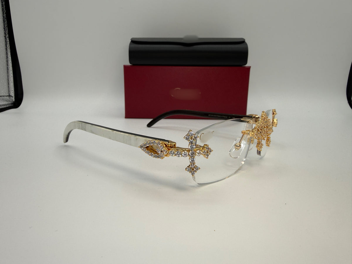 White Buffalo Horn Glasses Custom Cross Brackets Size 56 Clear Lenses