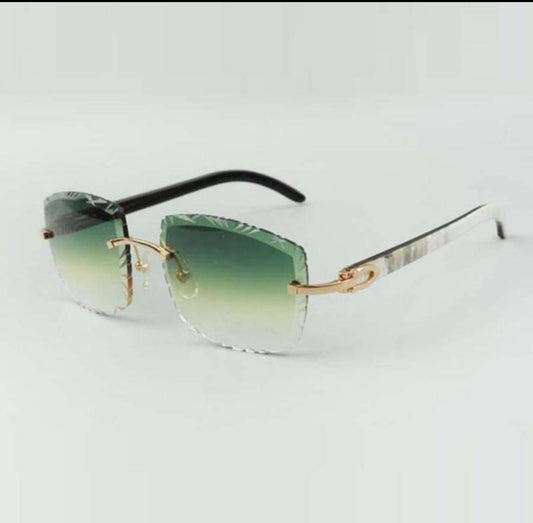 White Buffalo Horn Sunglasses Size 58 Carved Green Lenses