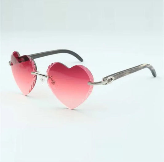 ⭐️ Black Buffalo Horn Sunglasses Size 56 Red Heart Lenses