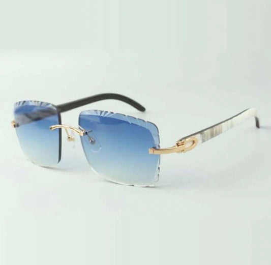 ⭐️ White Buffalo Horn Sunglasses Size 58 Carved Blue Lenses