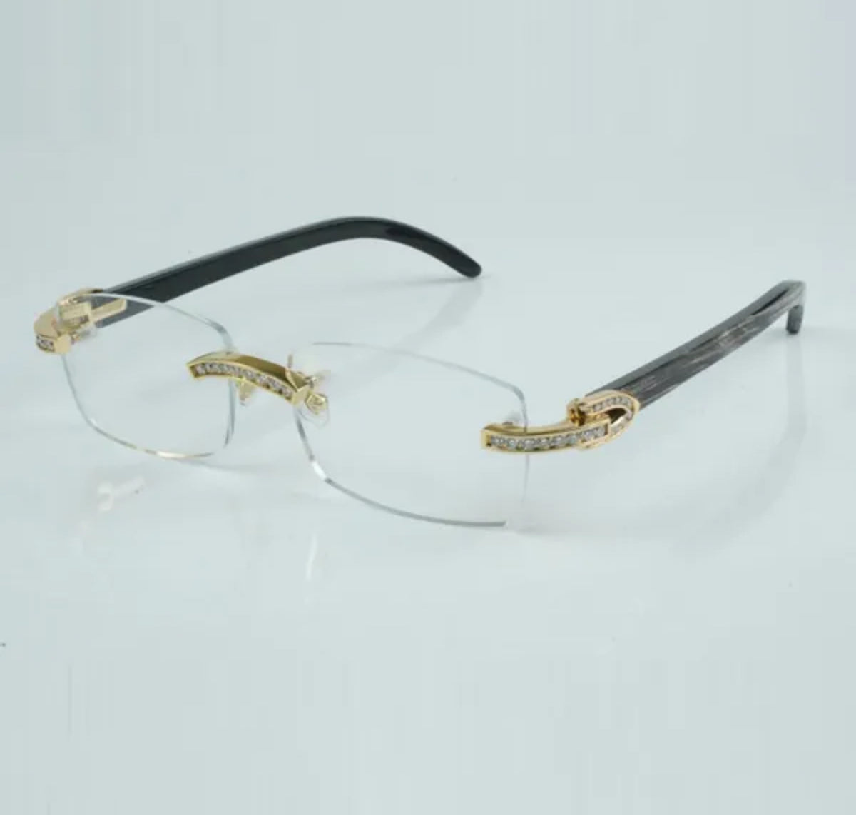Black Buffalo Horn Sunglasses Moissanite Baguette VVS Clarity Stones 💎Size 56 Clear Lenses