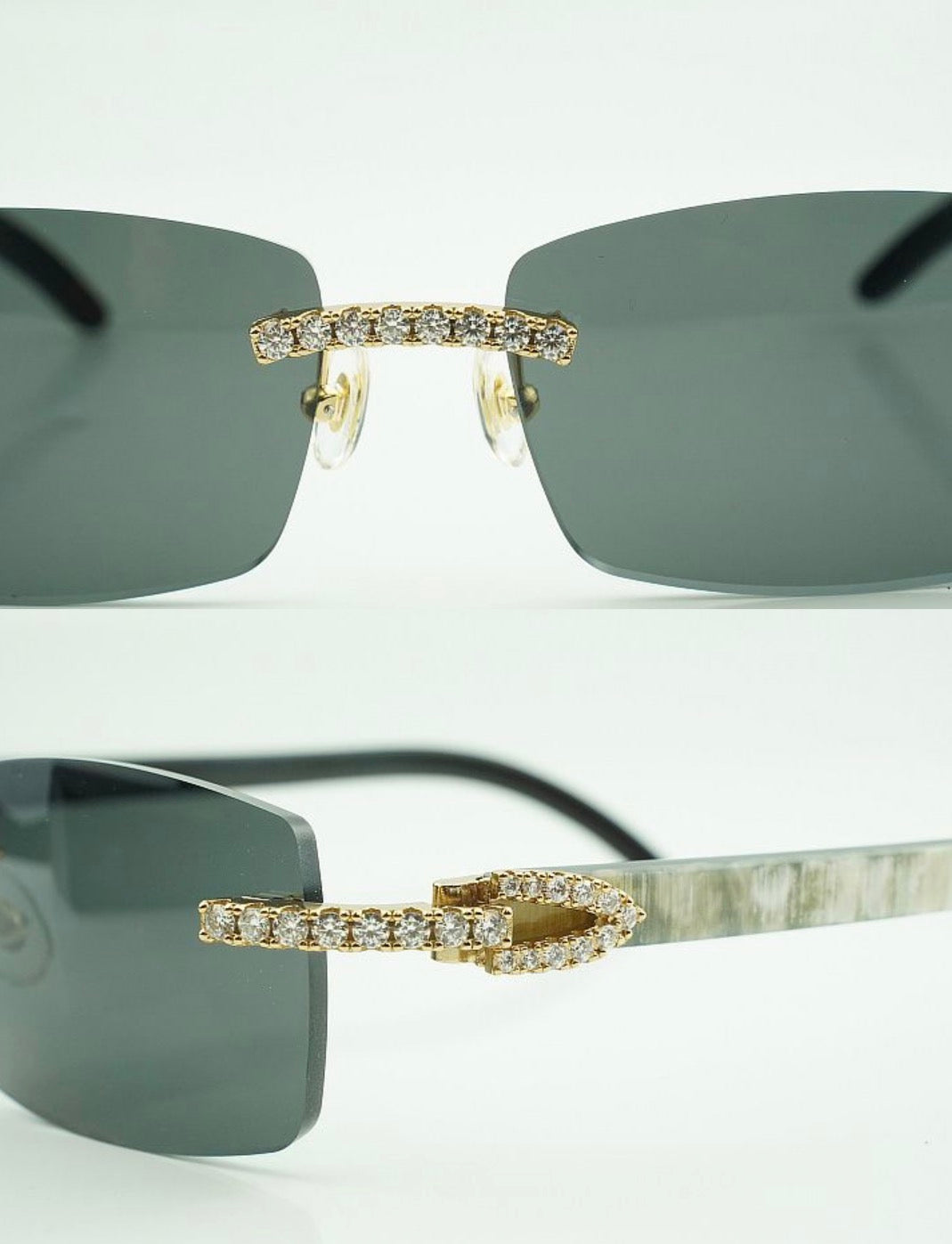 White Buffalo Horn Sunglasses Moissanite VVS Clarity Stones 💎Size 56 Black Lenses