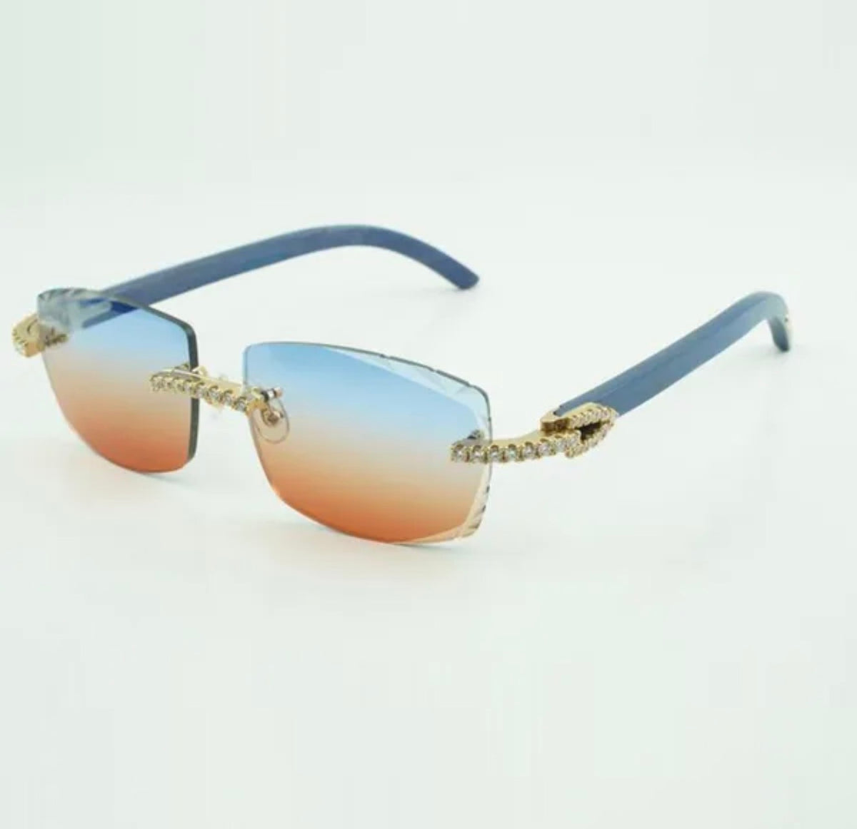 ⭐️Blue Wood Sunglasses Moissanite VVS Clarity Stones 💎Size 57 Blue and Red Lenses