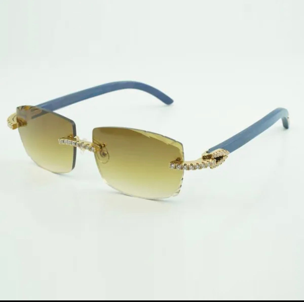 ⭐️Blue Wood Sunglasses Moissanite VVS Clarity Stones 💎Size 57 Henny Lenses