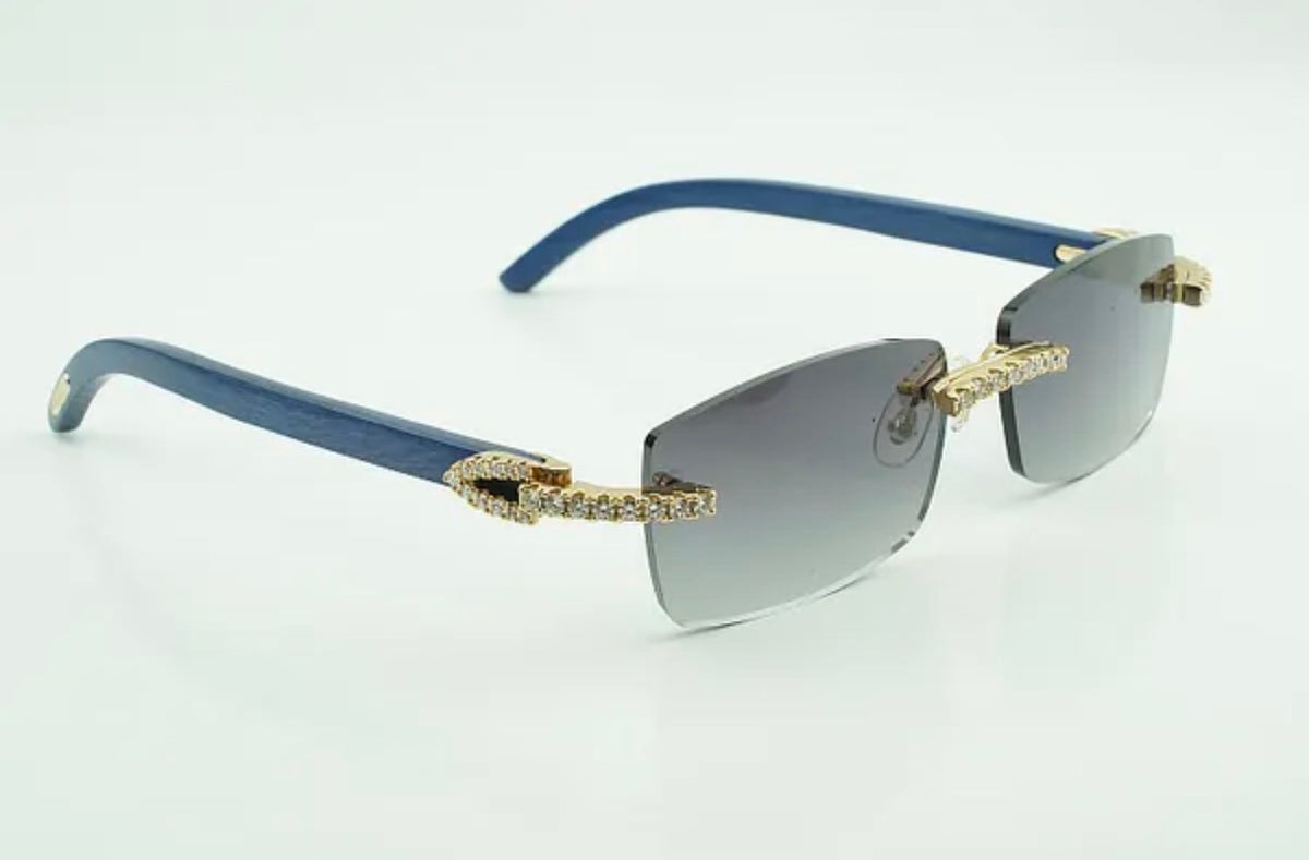 ⭐️Blue Wood Sunglasses Moissanite VVS Clarity Stones 💎Size 56 Grey Lenses