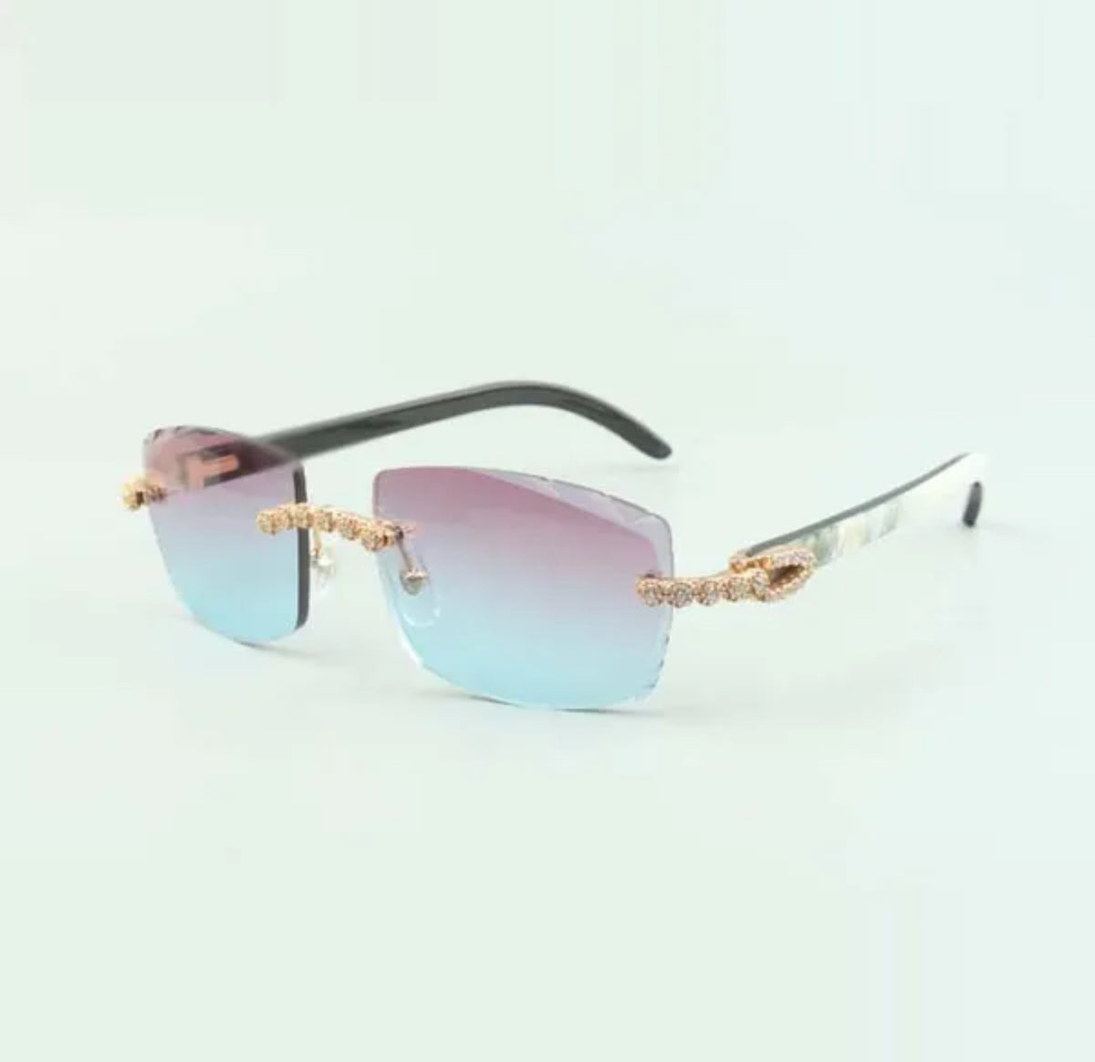 ⭐️White Buffalo Horn Sunglasses Cz Stones Size 57 Purple And Blue Lenses