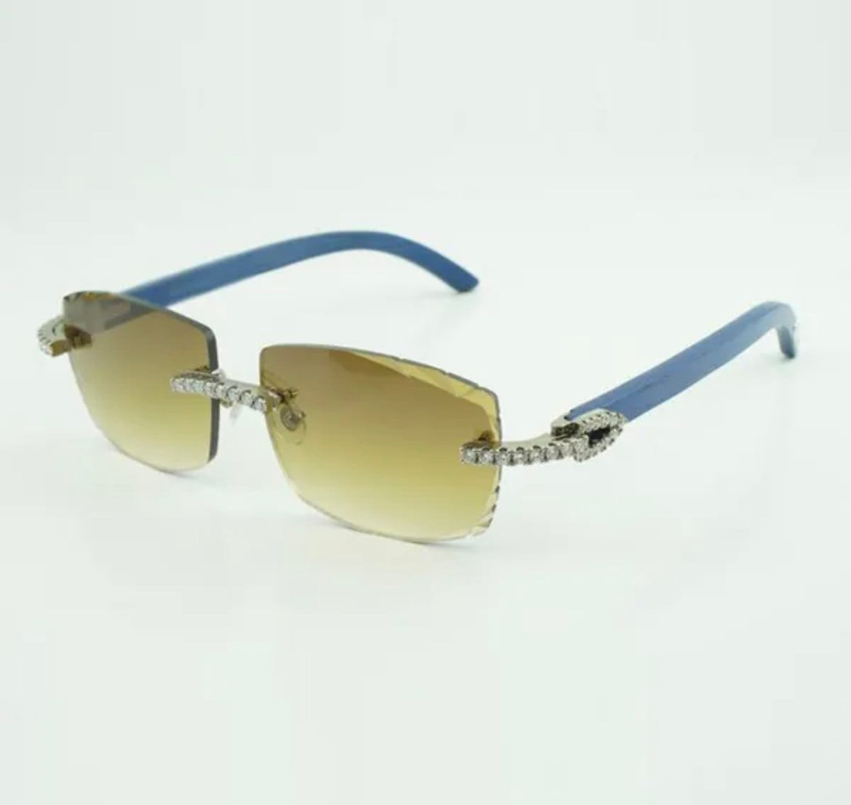 ⭐️Blue Wood Sunglasses Moissanite VVS Clarity Stones 💎Size 57 Henny Lenses