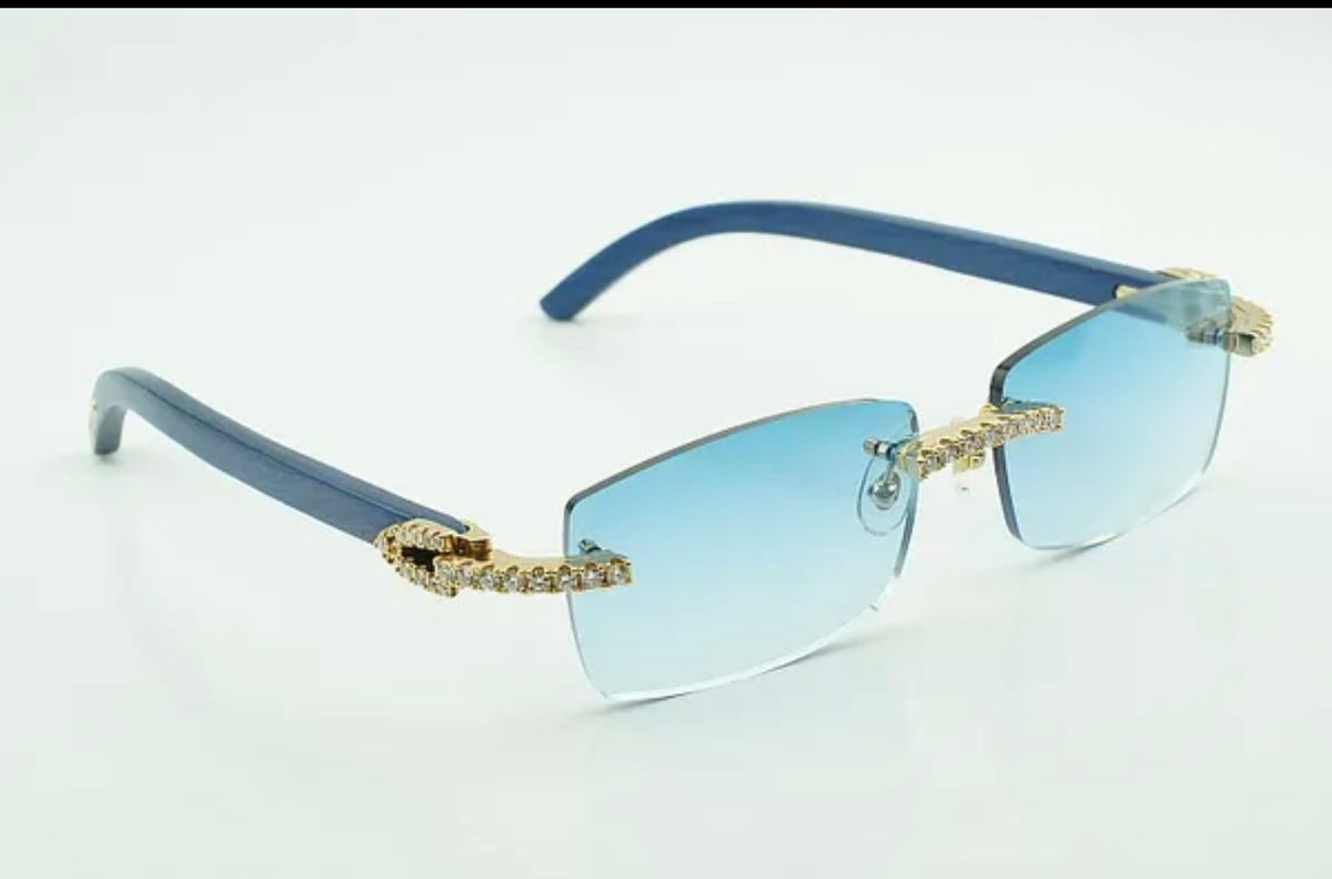 ⭐️Blue Wood Sunglasses Moissanite VVS Clarity Stones 💎Size 56 Blue Lenses