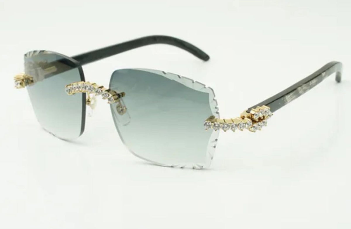 ⭐️ Black Buffalo Horn Sunglasses Size 58 Grey Diamond Cut Lenses Big Stones (50 Pointers)
