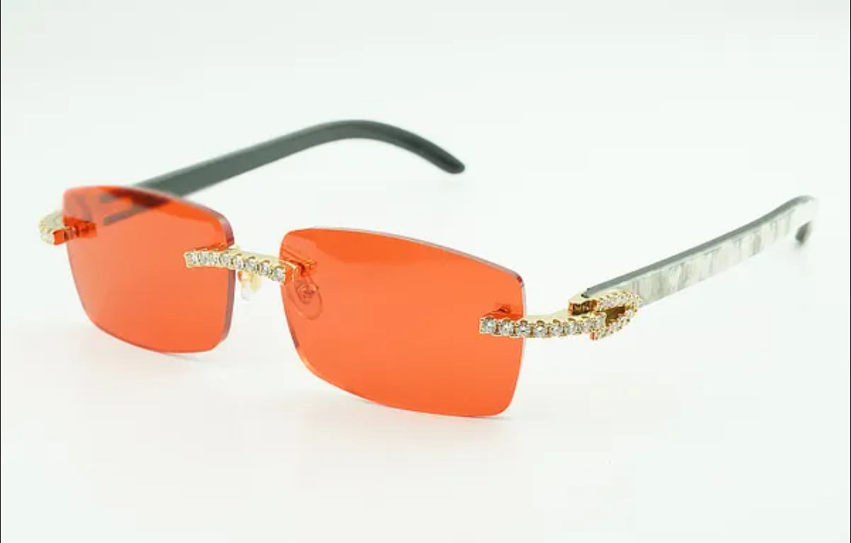 ⭐️White Buffalo Horn Sunglasses Moissanite VVS Clarity Stones 💎Size 56 Red Lenses