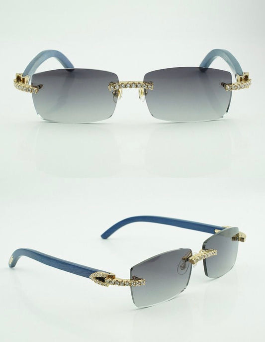 ⭐️Blue Wood Sunglasses Moissanite VVS Clarity Stones 💎Size 56 Grey Lenses
