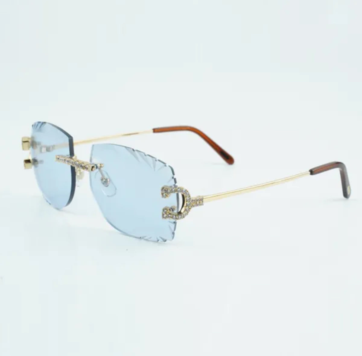 ⭐️ Wire Big C Sunglasses Size 58 Carved Blue Lenses Cz Stones