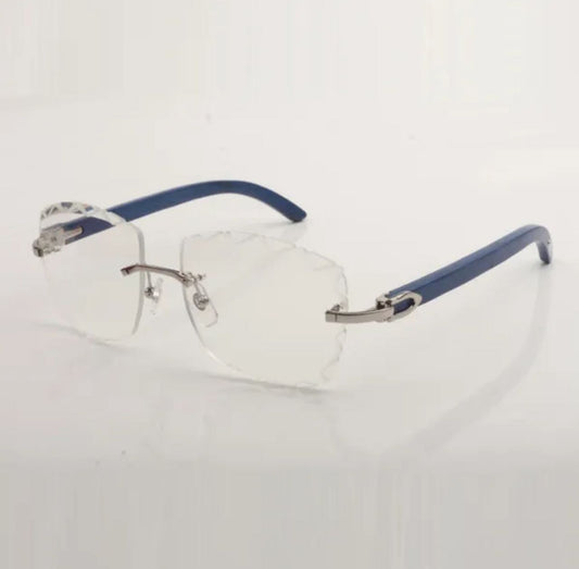 ⭐️ Blue Wood Sunglasses Size 58 Carved Clear Lenses
