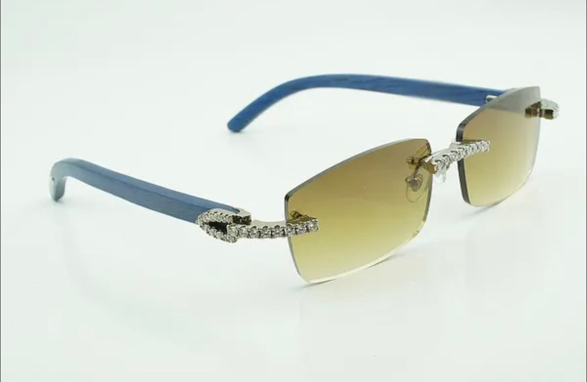 ⭐️Blue Wood Sunglasses Moissanite VVS Clarity Stones 💎Size 56 Henny Lenses
