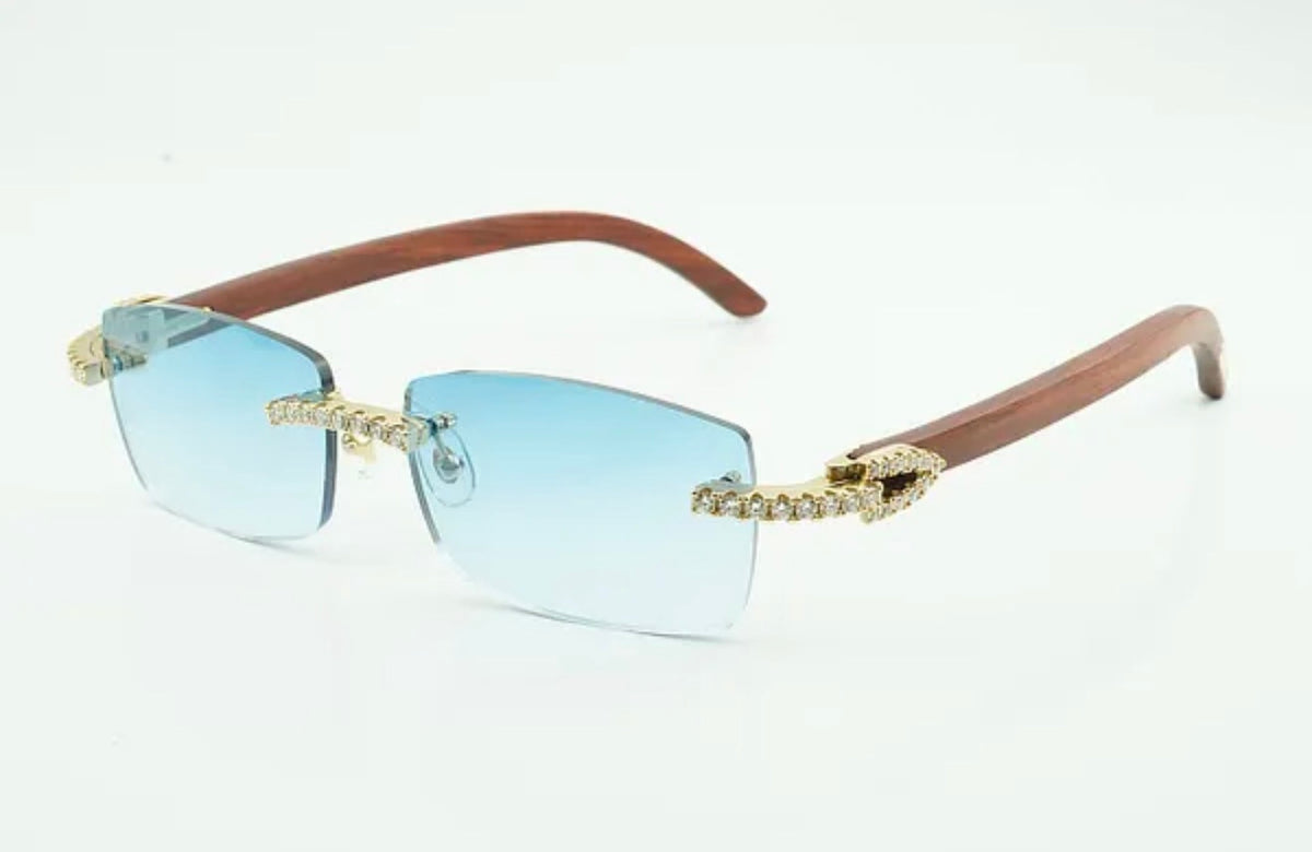 ⭐️Wood Sunglasses Moissanite VVS Clarity Stones 💎Size 56 Blue Lenses