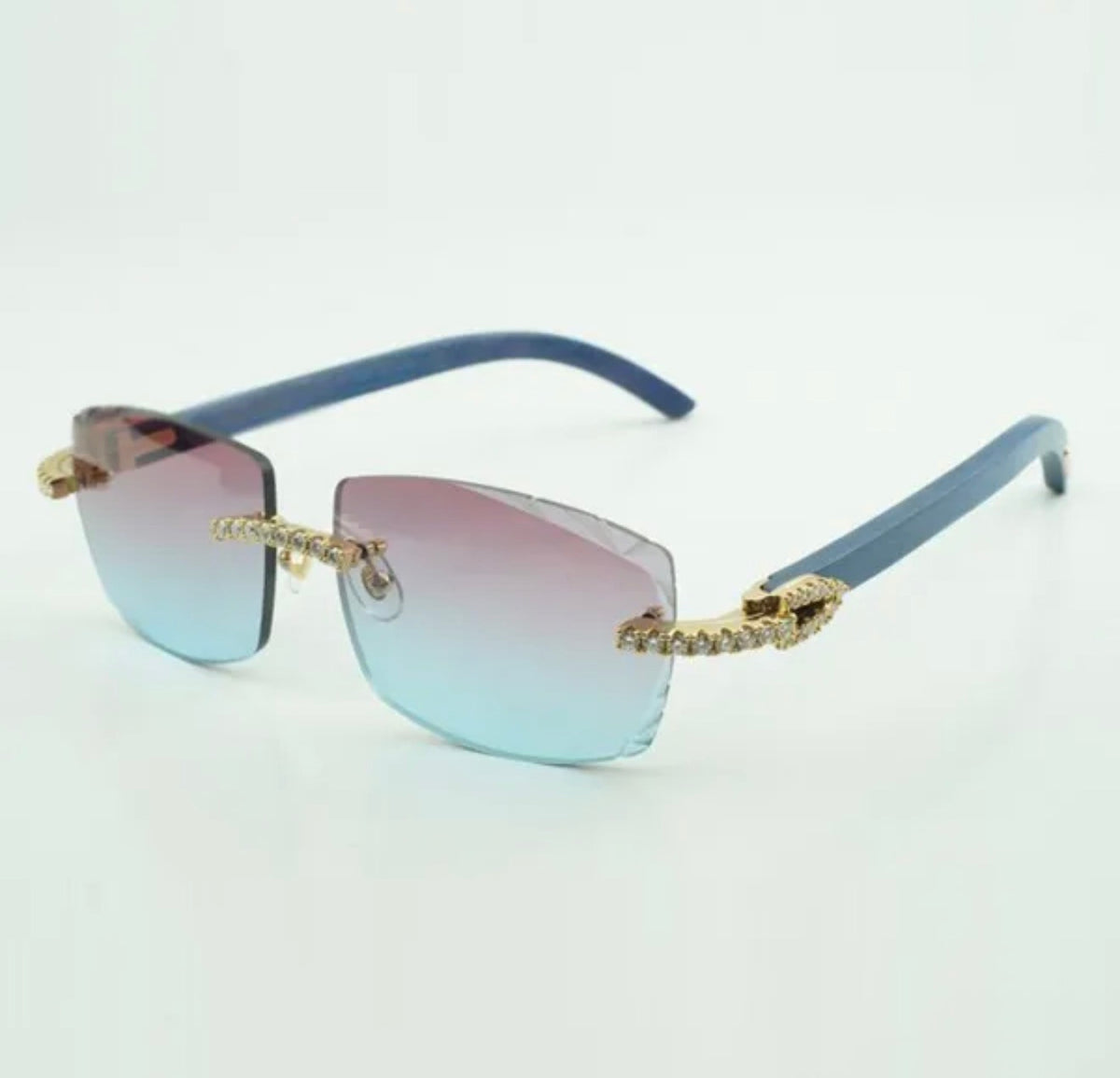 ⭐️Blue Wood Sunglasses Moissanite VVS Clarity Stones 💎Size 57 Purple And Blue Lenses