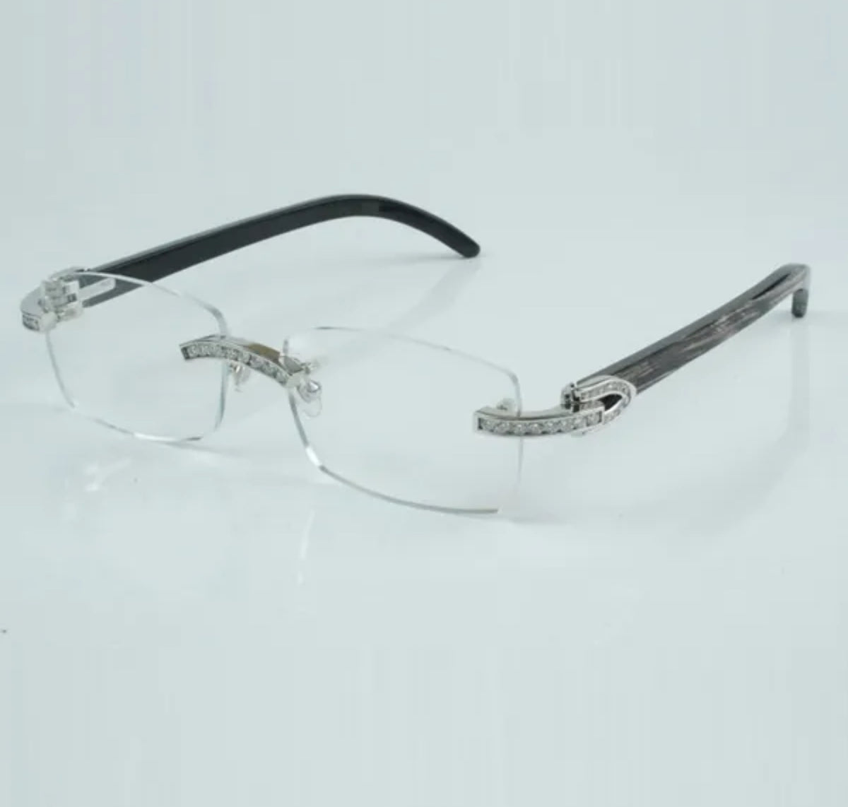 Black Buffalo Horn Sunglasses Moissanite Baguette VVS Clarity Stones 💎Size 56 Clear Lenses