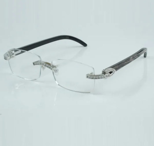 Black Buffalo Horn Sunglasses Moissanite Baguette VVS Clarity Stones 💎Size 56 Clear Lenses