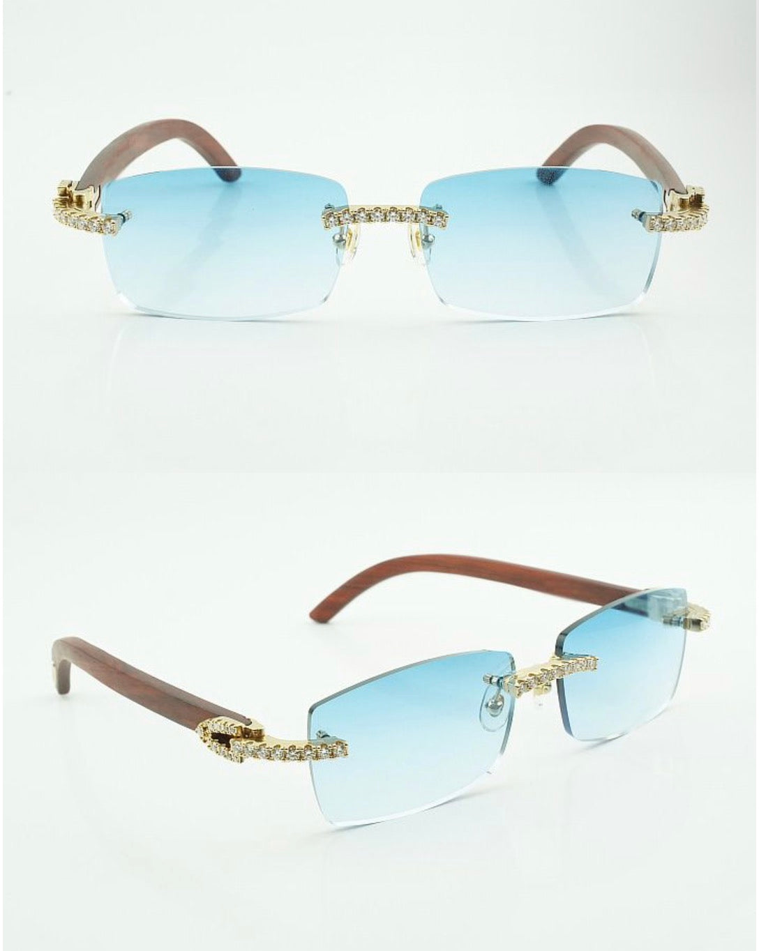 ⭐️Wood Sunglasses Moissanite VVS Clarity Stones 💎Size 56 Blue Lenses
