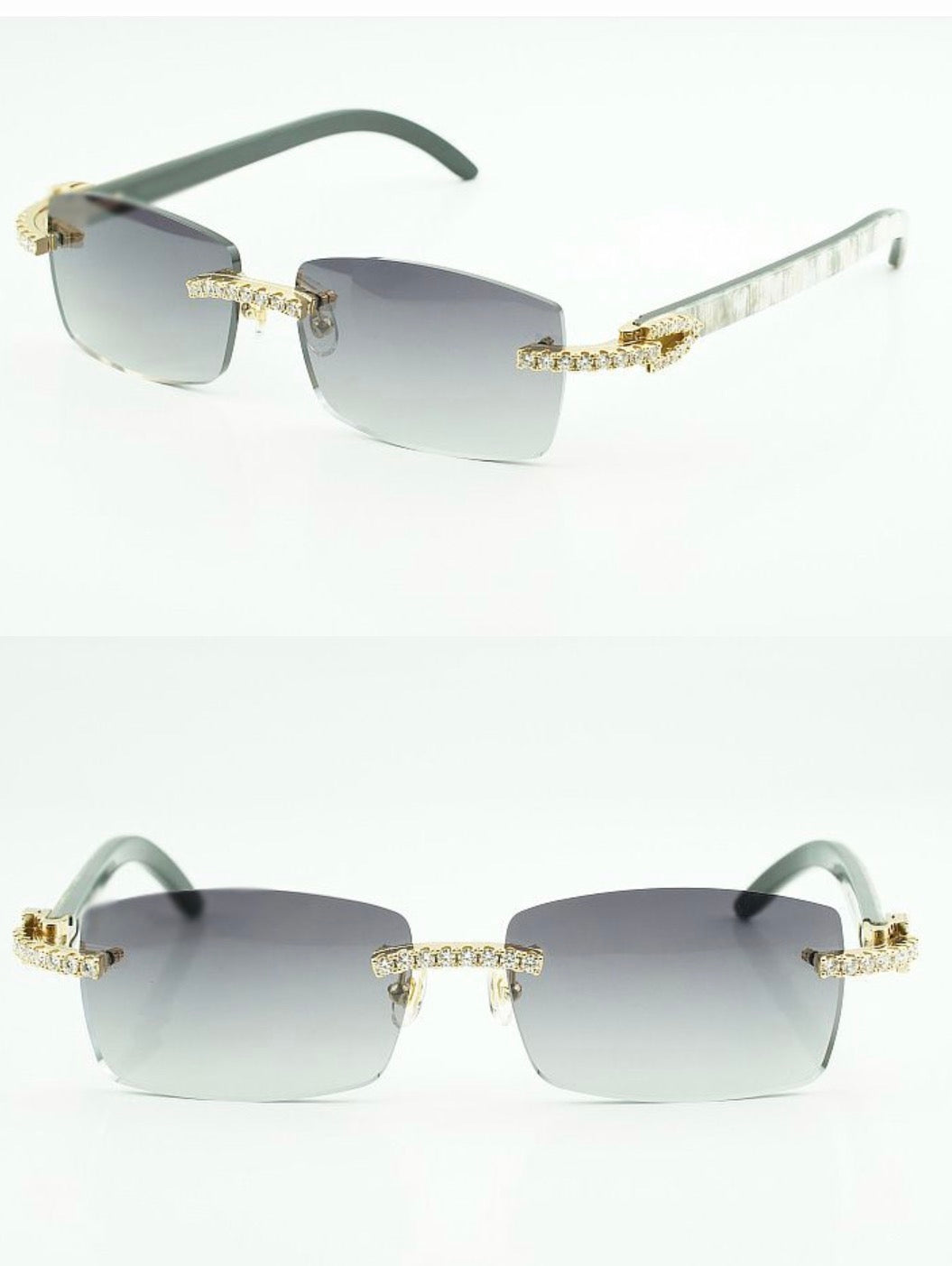 White Buffalo Horn Sunglasses Moissanite VVS Clarity Stones 💎Size 56 Grey Lenses