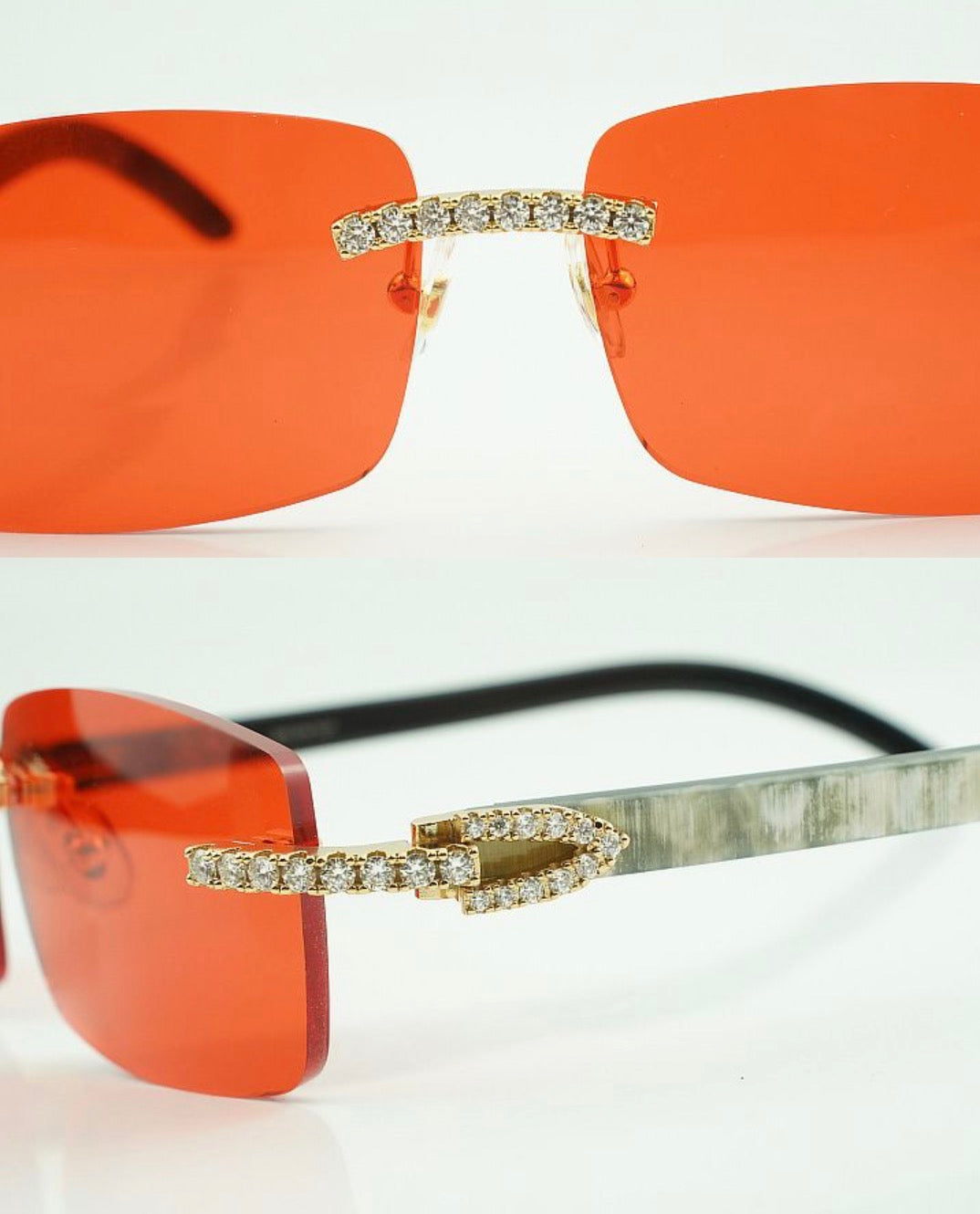 ⭐️White Buffalo Horn Sunglasses Moissanite VVS Clarity Stones 💎Size 56 Red Lenses