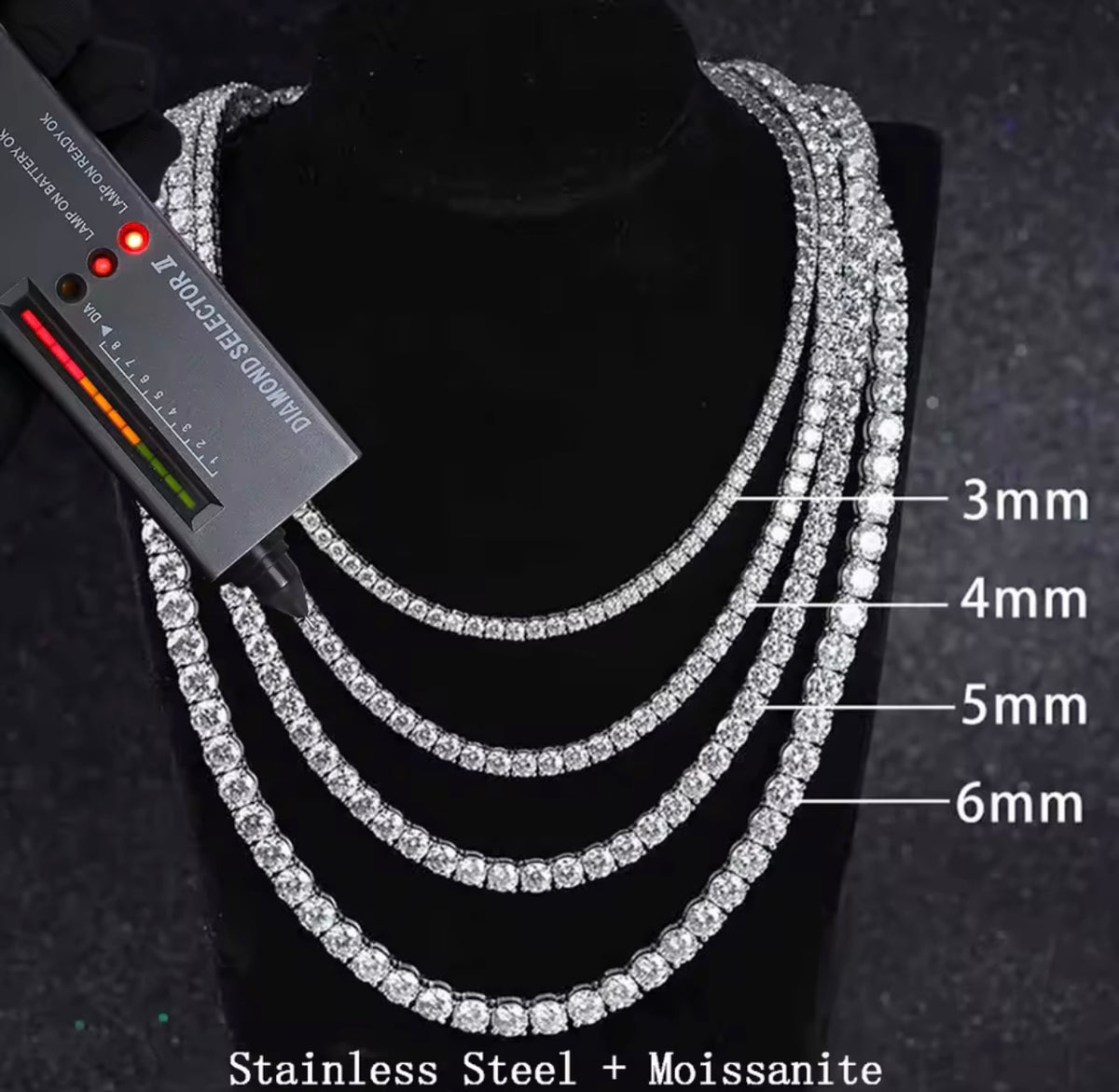 3mm VVS1 Moissanite Tennis Chain Stainless Steel Pass Diamonds Test