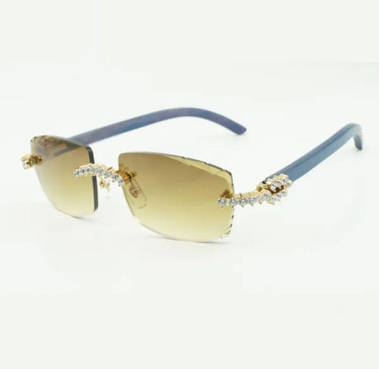 ⭐️ Blue Wood Glasses Size 57 Henny Diamond Cut Lenses Big Stones (50 Pointers)