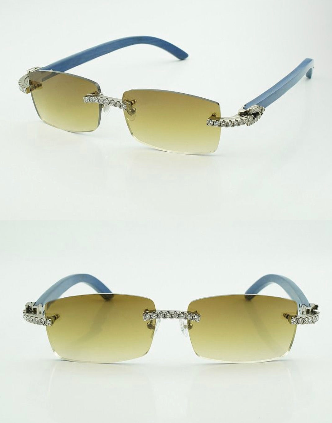 ⭐️Blue Wood Sunglasses Moissanite VVS Clarity Stones 💎Size 56 Henny Lenses
