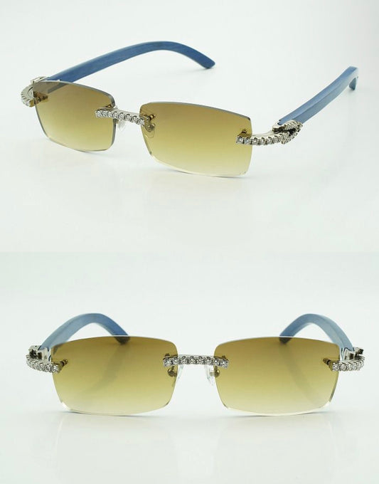 ⭐️Blue Wood Sunglasses Moissanite VVS Clarity Stones 💎Size 56 Henny Lenses