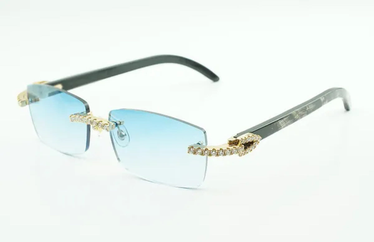 Black Buffalo Horn Sunglasses Moissanite VVS Clarity Stones 💎Size 56 Blue Lenses
