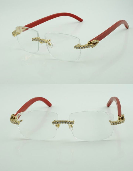 ⭐️Red Wood Glasses Moissanite VVS Clarity Stones 💎Size 57 Clear Lenses