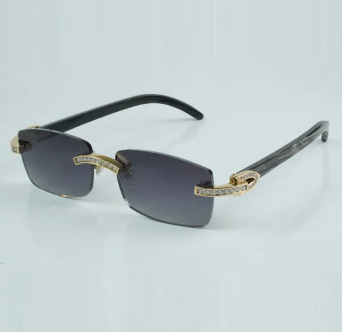 Black Buffalo Horn Sunglasses Moissanite Baguette VVS Clarity Stones 💎Size 56 Grey Lenses