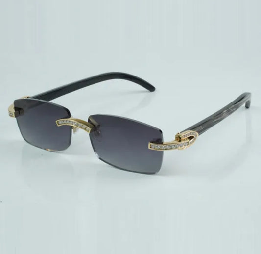 Black Buffalo Horn Sunglasses Moissanite Baguette VVS Clarity Stones 💎Size 56 Grey Lenses