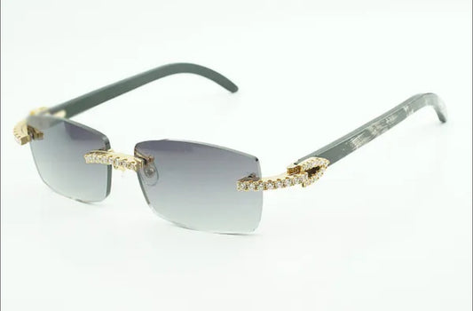 Black Buffalo Horn Sunglasses Moissanite VVS Clarity Stones 💎Size 56 Grey Lenses
