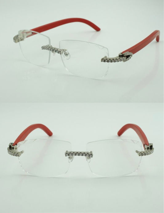 ⭐️Red Wood Glasses Moissanite VVS Clarity Stones 💎Size 57 Clear Lenses