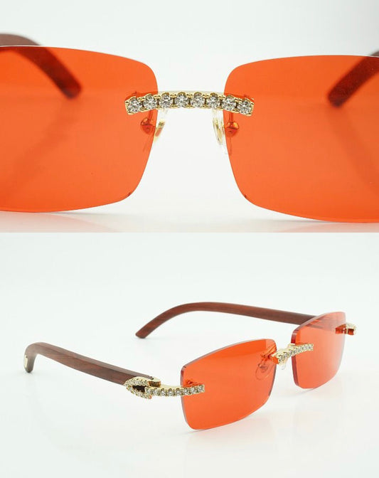 ⭐️Wood Sunglasses Moissanite VVS Clarity Stones 💎Size 56 Red Lenses