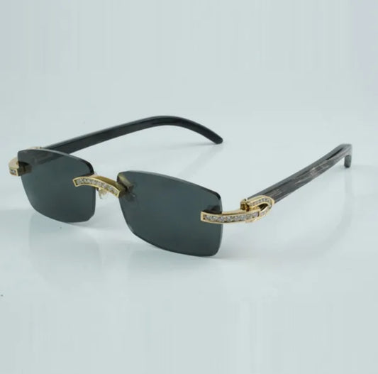 Black Buffalo Horn Sunglasses Moissanite Baguette VVS Clarity Stones 💎Size 56 Black Lenses