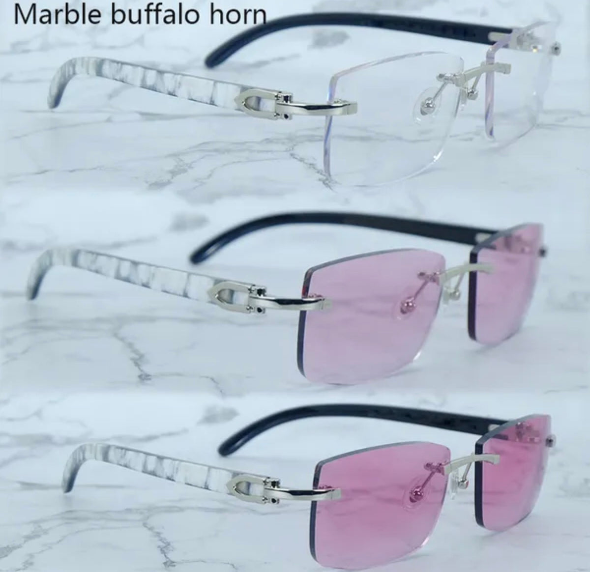 ⭐️White Buffalo Horn Glasses Silver Frame Size 56  Transitional Clear  To Pink Lenses
