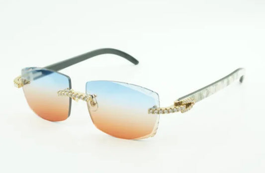 ⭐️White Buffalo Horn Sunglasses Moissanite VVS Clarity Stones 💎Size 57 Blue And Red Lenses