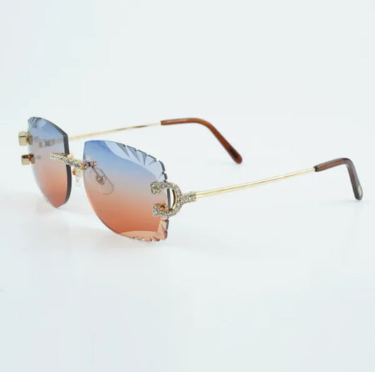 ⭐️ Wire Big C Sunglasses Size 58 Carved Red And Blue Lenses Cz Stones