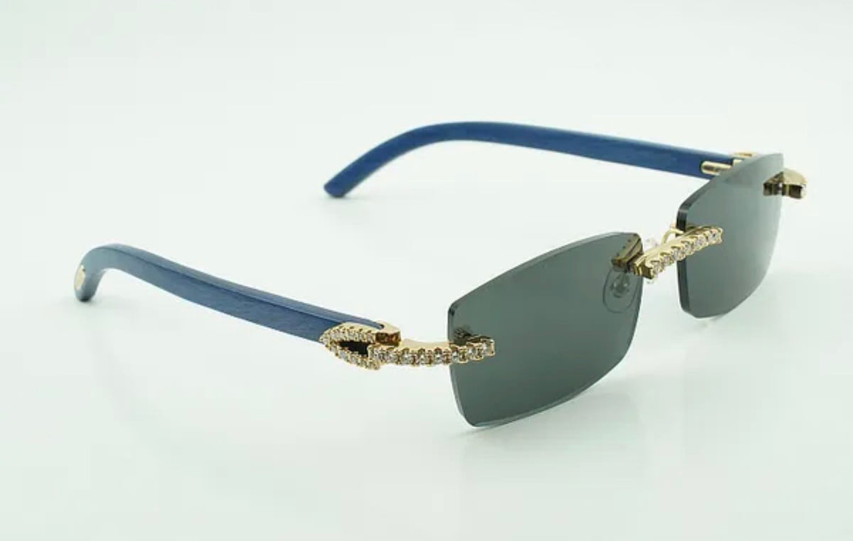⭐️Blue Wood Sunglasses Moissanite VVS Clarity Stones 💎Size 56 Black Lenses