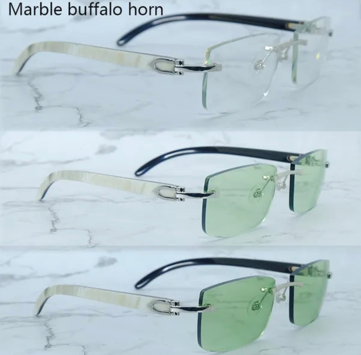 ⭐️White Buffalo Horn Glasses Silver Frame Size 56  Transitional Clear  To Green Lenses