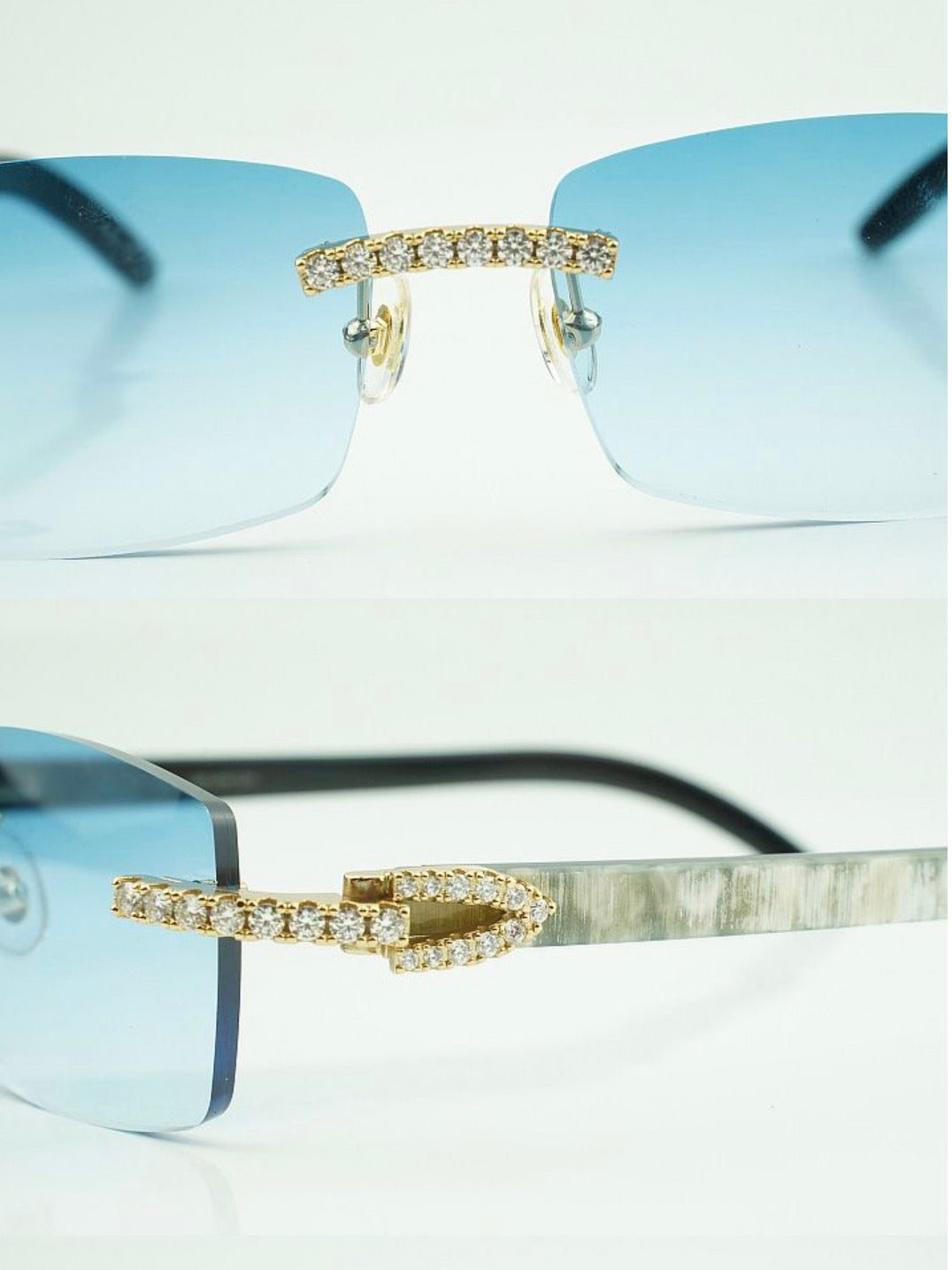 ⭐️White Buffalo Horn Sunglasses Moissanite VVS Clarity Stones 💎Size 56 Blue Lenses