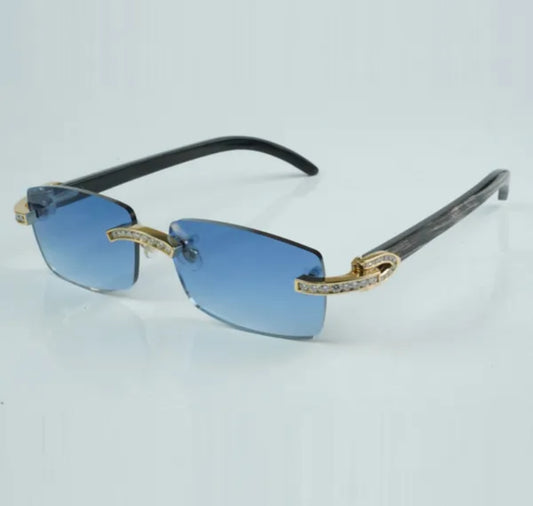 Black Buffalo Horn Sunglasses Moissanite Baguette VVS Clarity Stones 💎Size 56 Blue Lenses