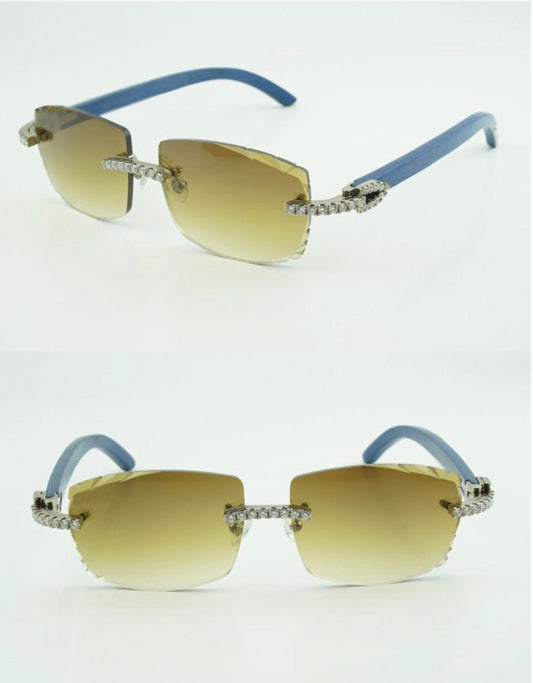 ⭐️Blue Wood Sunglasses Moissanite VVS Clarity Stones 💎Size 57 Henny Lenses
